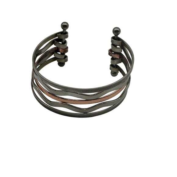 Silver Copper Cuff Bracelet Mixed Metal Open Band Wavy Design Adjustable - Picture 1 of 7